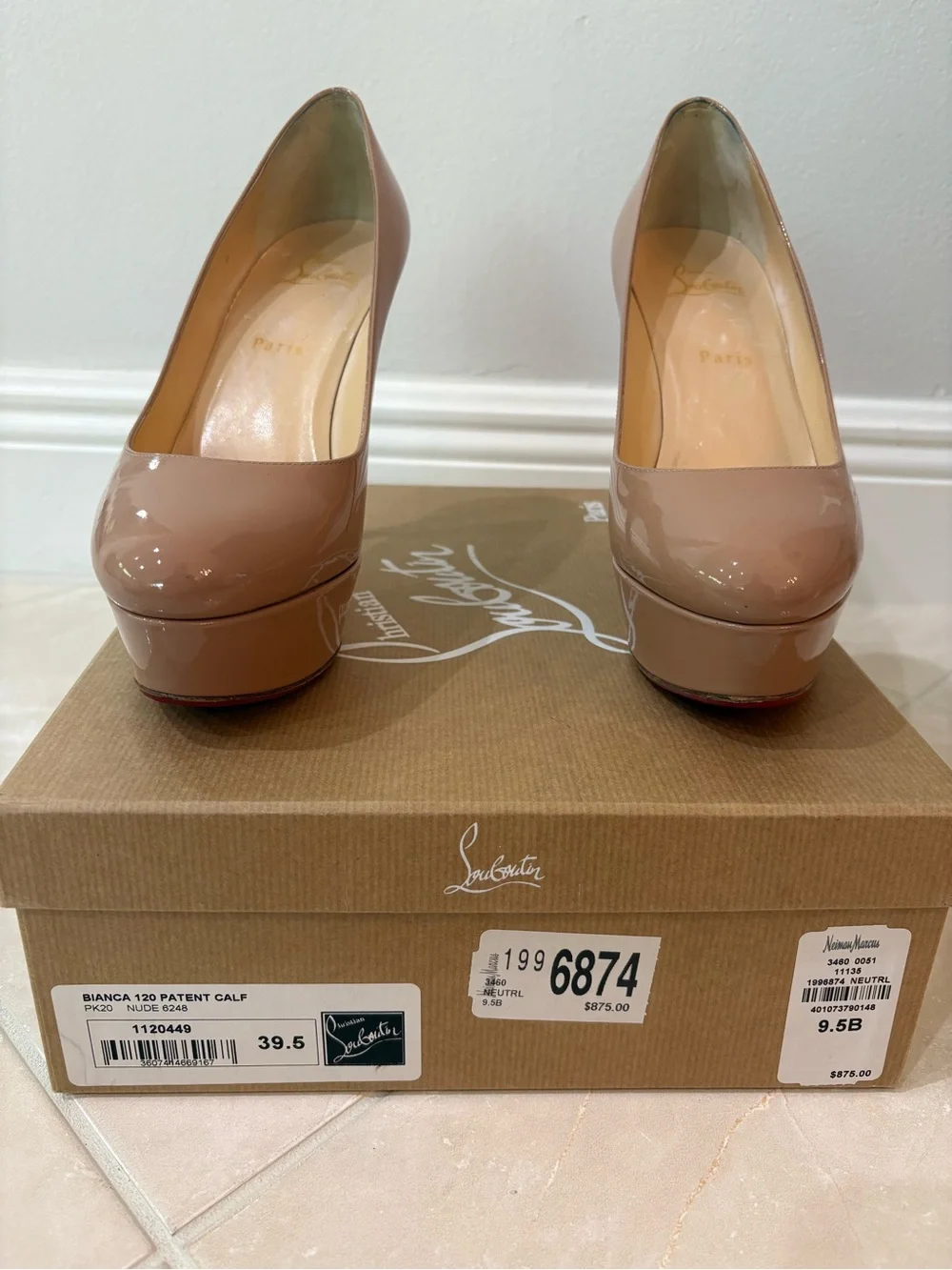 Christian Louboutin Bianca 120 Nude Patent Leather Platform Heels